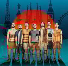 a group of men standing in front of a ferris wheel