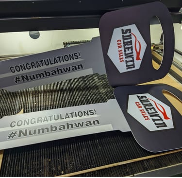 Celebratory car sales sintra board sticker with hashtag and logo.