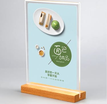 T-type acrylic sign holder with wooden stand presenting dessert options.