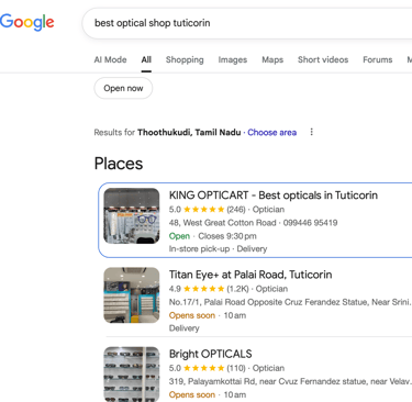 King OpticArt – best optical shop in Tuticorin ranked #1 on Local SEO by Digital With Dhana