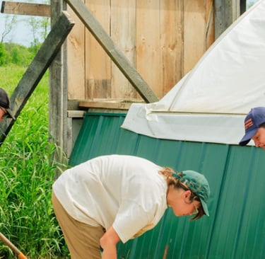 three people are working on a farm