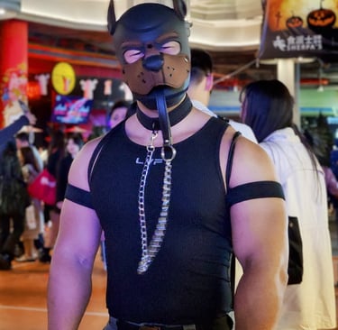 Man in pup mask with leash.
