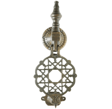 a metal door knocket with a wooden handle