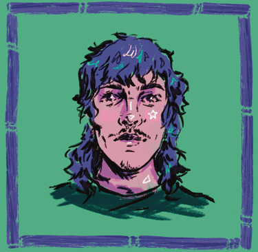 An illustration of an androgynous person with shoulder-length curly hair, a moustache, nose piercings and a septum ring. 
