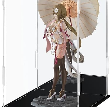 Anime figurine with umbrella in an acrylic display case.