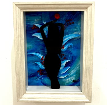 a painting of a woman in a black dress and a red flower