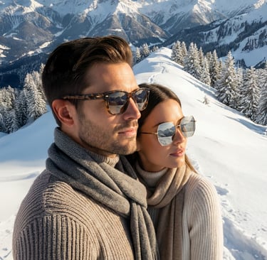 Para w okularach przeciwsłonecznych w górach. Promocja LOOKASZ OPTYK