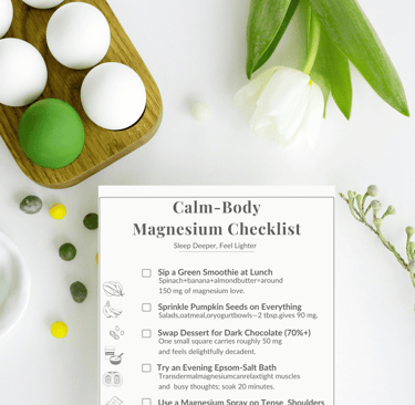 Calm-body magnesium checklist mock-up with soft floral background, featuring white flowers, green fl