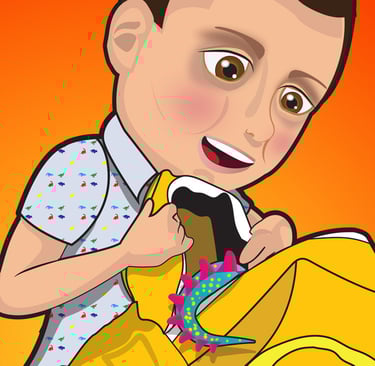 “Child opening a yellow bag with colorful stars bursting out — playful children’s illustration.”
