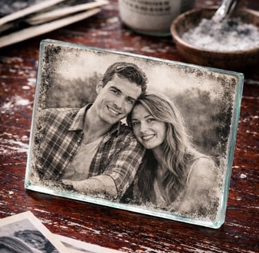 Photo of couple transferred to glass on red table
