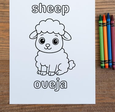a coloring book page with a sheep with words in English and Spanish