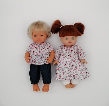 Miniland doll and Minikane doll dressed in handmade outfits
