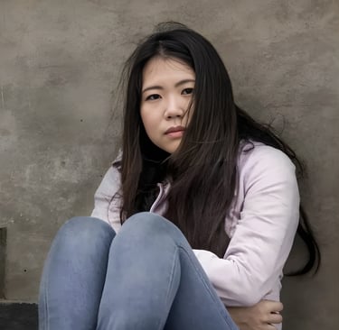a woman sitting on a step up to a wall