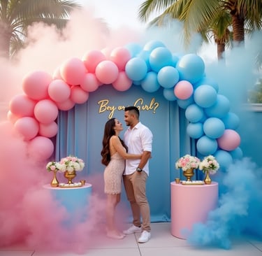 Luxury gender reveal party scene featuring a happy couple celebrating amidst pink and blue smoke, elegant balloon garlands, a