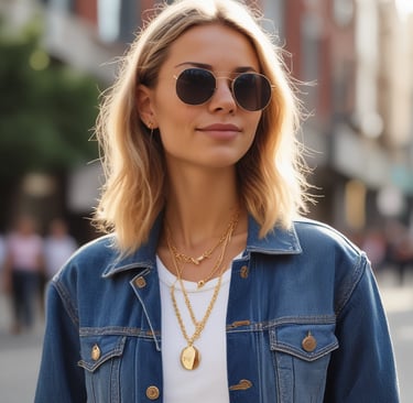 Woman in patterned outfit with sunglasses on head