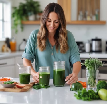 a woman is holding a glass of green juice