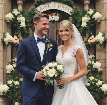 a woman holding a book and a bouquet of flowers