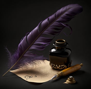 AI generated image of a purple quill, a black ink bottle, and a sheet of parchment with lines of text