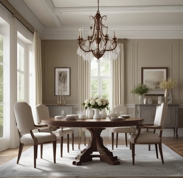 a dining room with a chandelier and chandelier