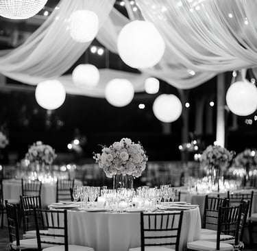 a table with a table set up for a wedding