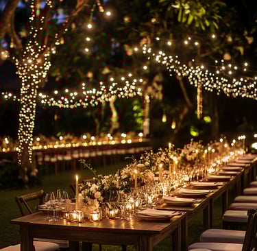 a long table with candles and candles on it