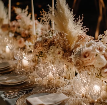 a table with a bunch of flowers and candles