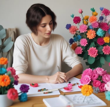 woman sat down writing with felt flowers on desk