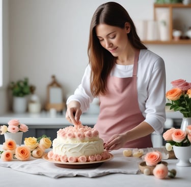 woman in kitchen learning to master piping buttercream drop flowers