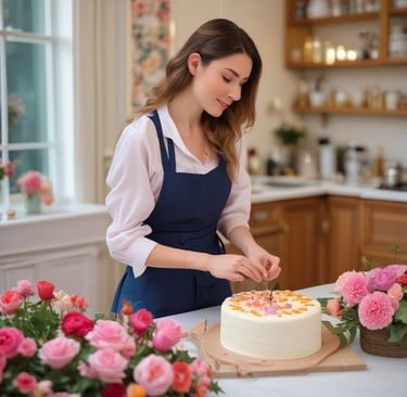 woman decorating a cake with drop flowers