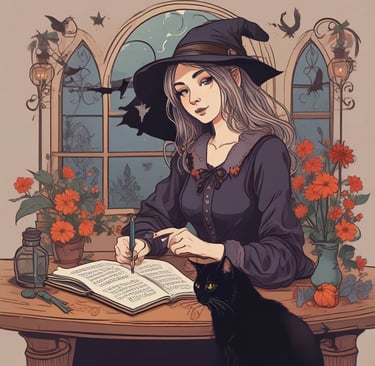young witch sat at table wi