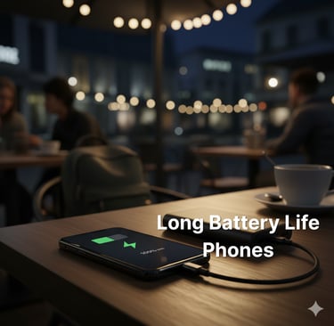 Smartphone charging on a wooden desk with green battery icon, representing phones with long battery