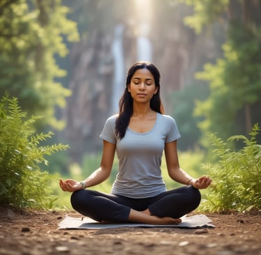 A serene Indian woman practicing yoga in a soft, creamy-toned room filled with natural light.