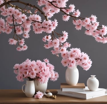 artificial pink cherry blossoms in white plant ceramic pots 