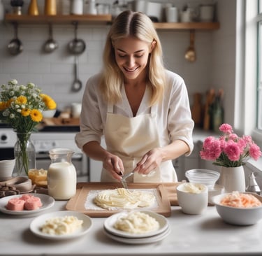 woman preparing buttercream flowers in kitchen