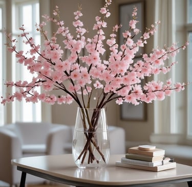 artificial cherry blossoms in glass vase on table next to books