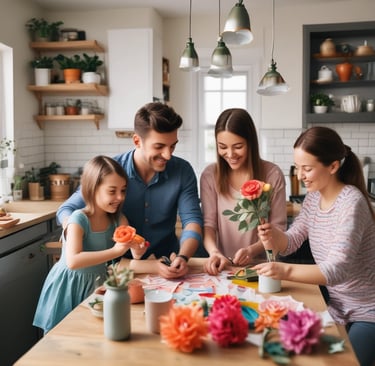 happy family making paper flowers on kitchen table
