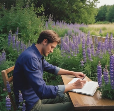 man sat writing amongst lupine flowers