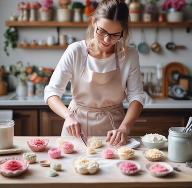 woman in kitchen making buttercream flowers