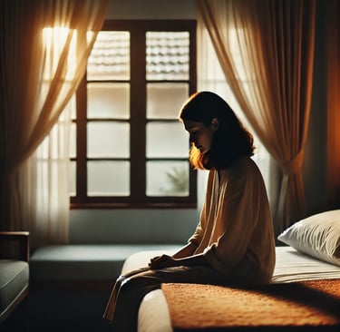 A soft morning light filtering through the curtains, a woman sitting on the bed