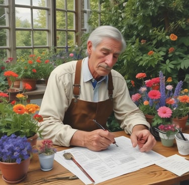 gardener at desk writing notes