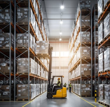 Un hombre en un montacargas dentro de un almacén en Guadalajara