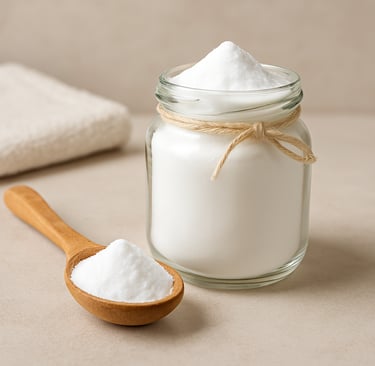 Tarro de bicarbonato y cuchara de madera sobre fondo neutro 