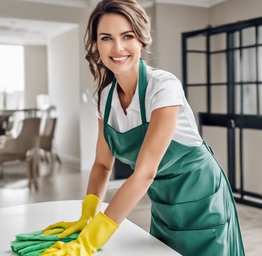 a cleaning lady in a green apron and yellow gloves do hausekeeping and cleaning service