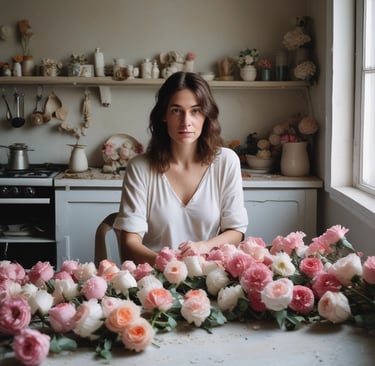 woman sat down with large selection of her plaster dipped flowers