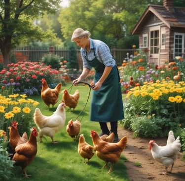 happy chickens roaming in garden with woman gardener