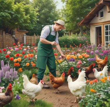 man tending to chickens and garden