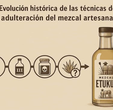 Línea de tiempo visual que muestra la evolución de las técnicas de adulteración del mezcal, desde mé