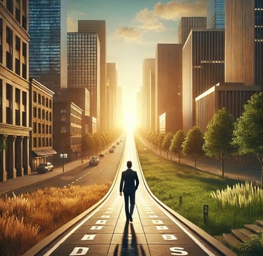 a man walking down a road with a long road leading to a city