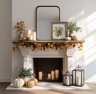 a fireplace with candles and garland on a mantle