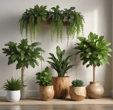 artificial plants in beautiful wooden pots